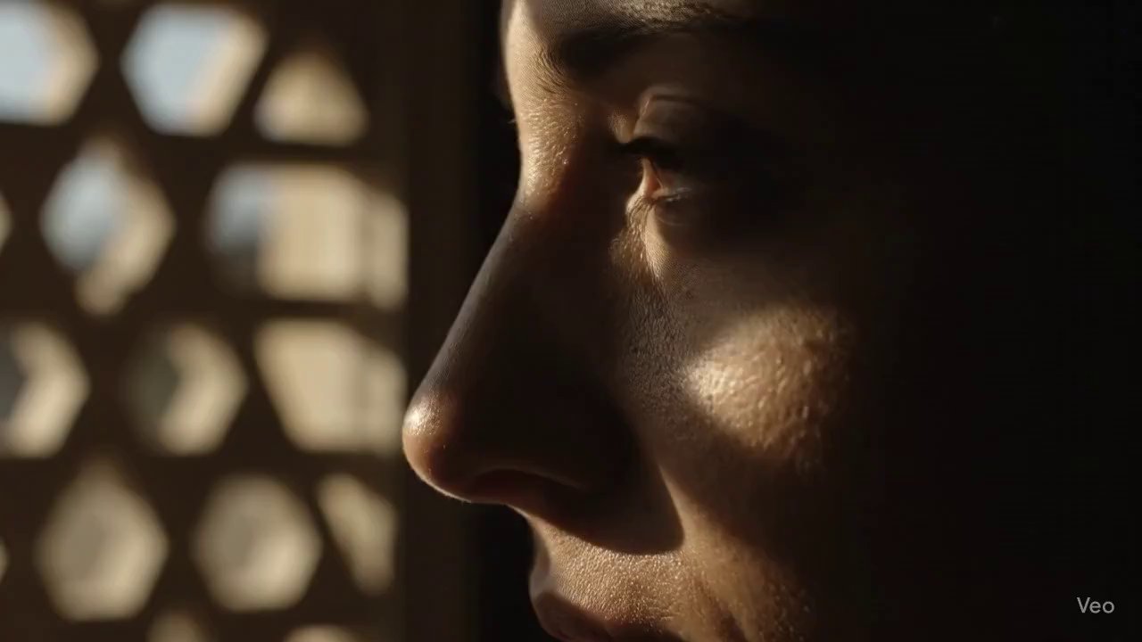Sunlit Shadows: Tunisian Mashrabiya Portrait - Veo 3 AI video prompt thumbnail