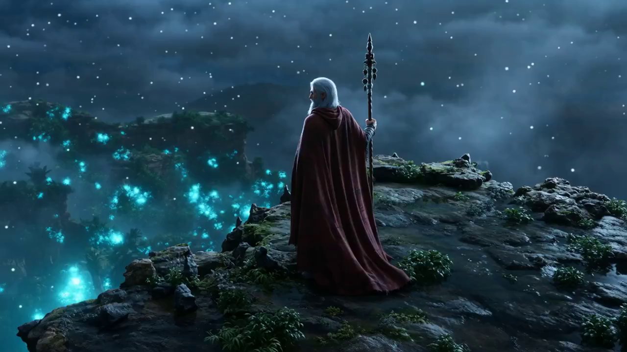 Mystic Wanderer's Bioluminescent Jungle Vista - Veo 3 AI video prompt thumbnail