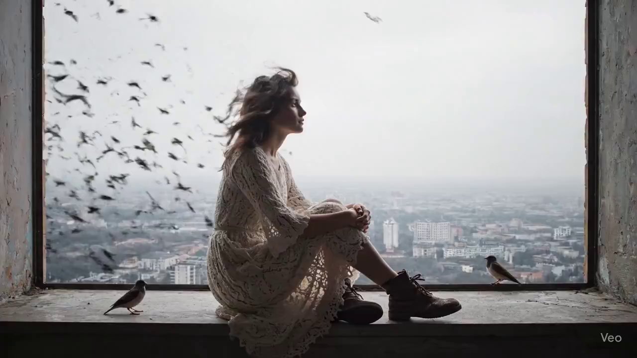 Ethereal Girl, Swirling Birds, Moody Cinematic Scene - Veo 3 AI video prompt thumbnail