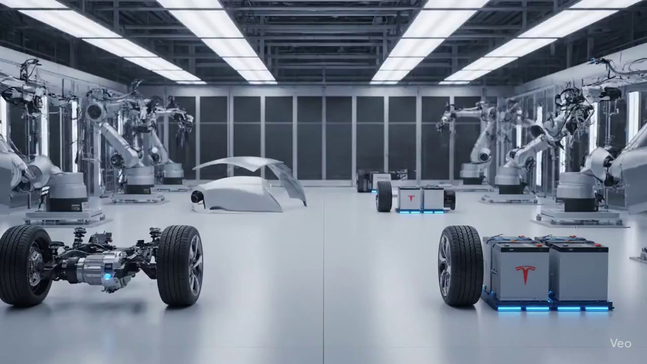 Tesla Model Y Assembly Line: Factory Floor - Veo 3 AI video prompt thumbnail