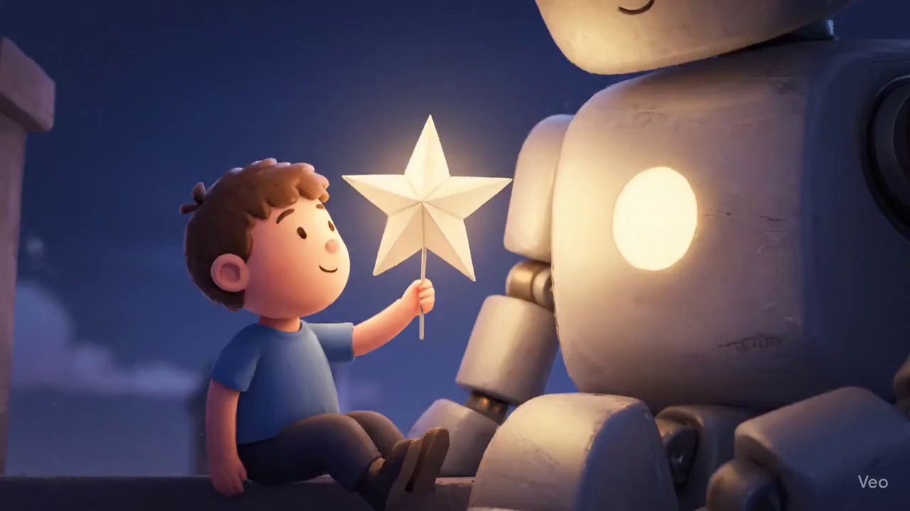 Dreamy Twilight Rooftop: Boy and Gentle Robot - Veo 3 AI video prompt thumbnail
