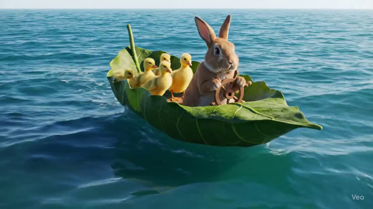 Brave Rabbit's Leaf Boat Adventure with Duckling Crew - Veo 3 AI video prompt thumbnail