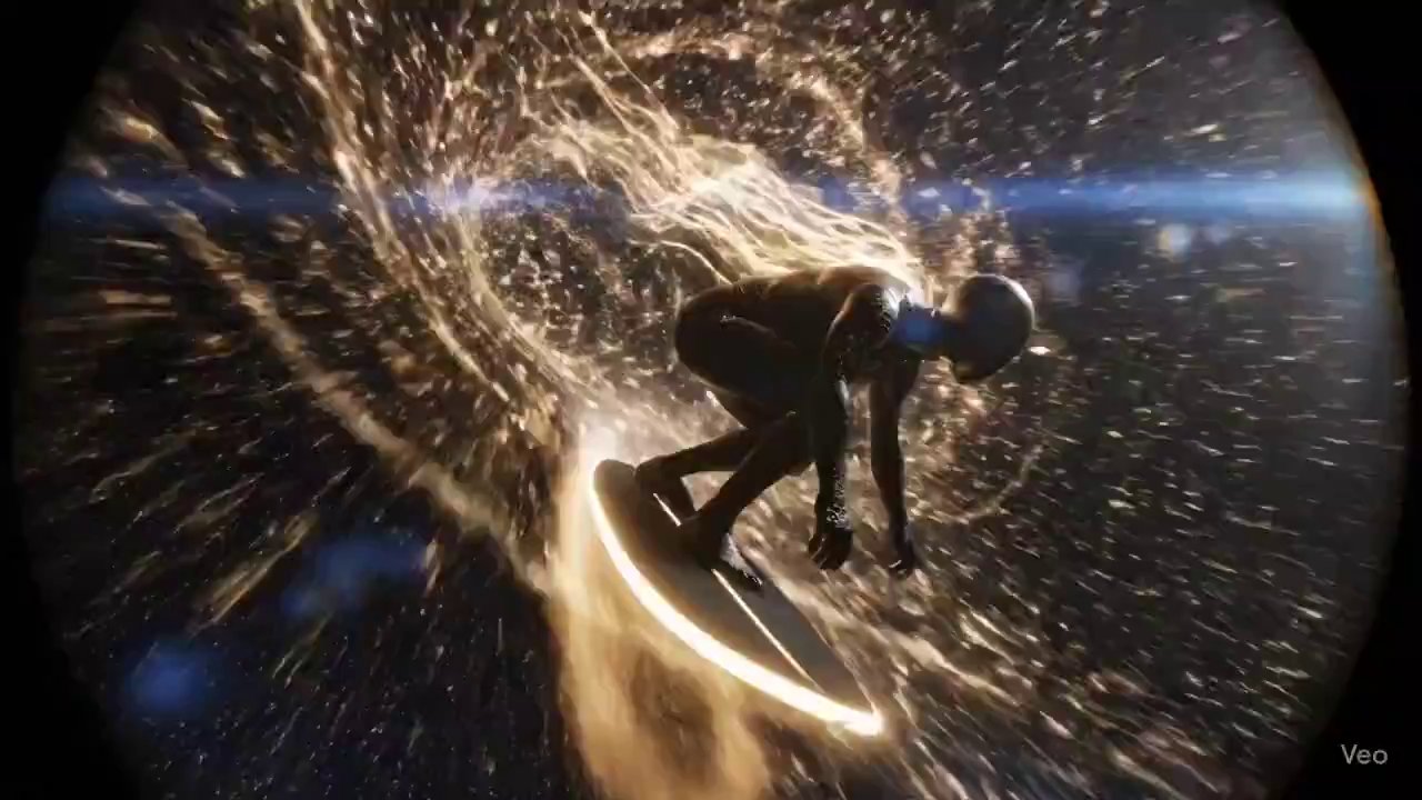 A hyper-realistic, cinematic shot of a sleek, athletic figure surfing on a wave of pure gravitational energy