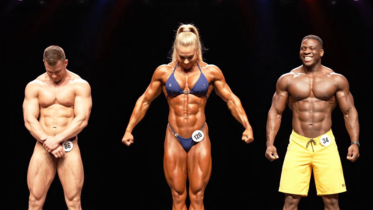 On stage at a bodybuilding contest. Center stage, ... - Veo 3 AI video prompt thumbnail