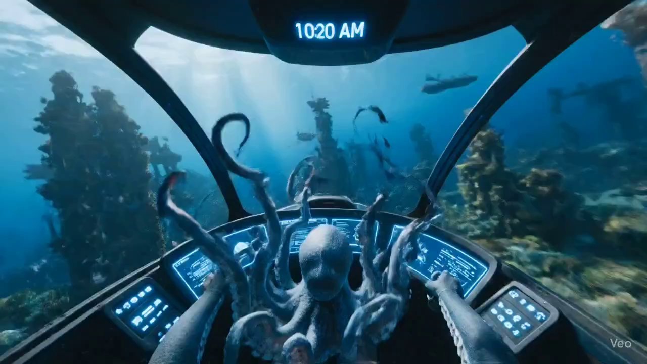 Octopus Pilot's Submersible Chase in Sunken City - Veo 3 AI video prompt thumbnail