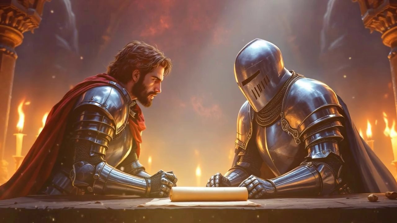 {  "description": "Two armored knights face each ... - Veo 3 AI video prompt thumbnail