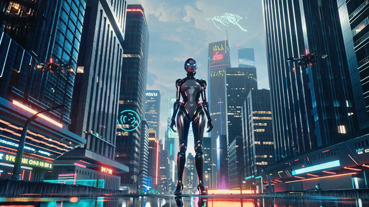 Cybernetic Guardian in Neon Cityscape - Veo 3 AI video prompt thumbnail