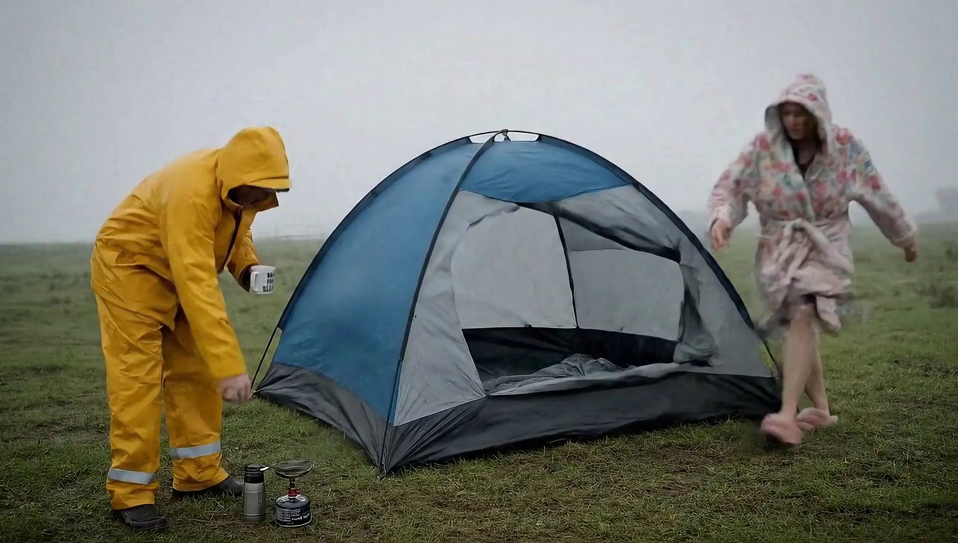 UK Camping: Overcast Skies, Dry Comedy - Veo 3 AI video prompt thumbnail