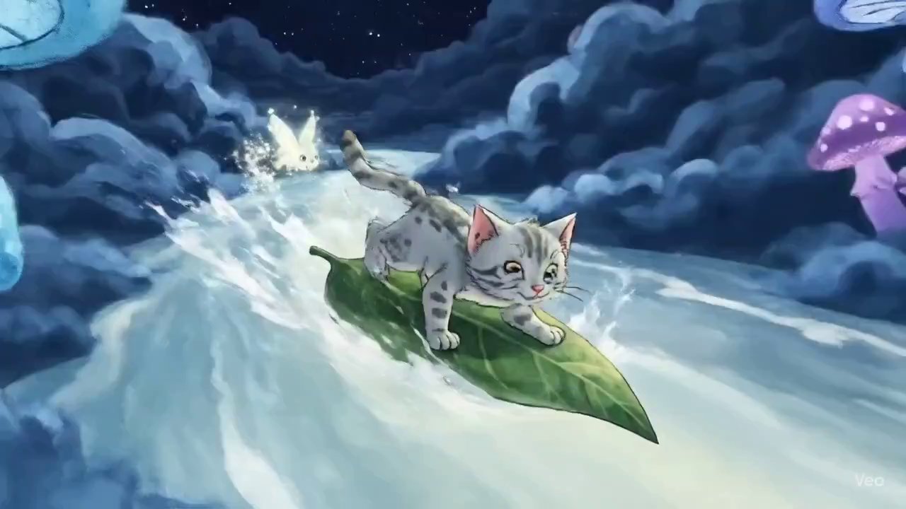 Kitten's Moonlight Surf: Whimsical 2D Animation - Veo 3 AI video prompt thumbnail