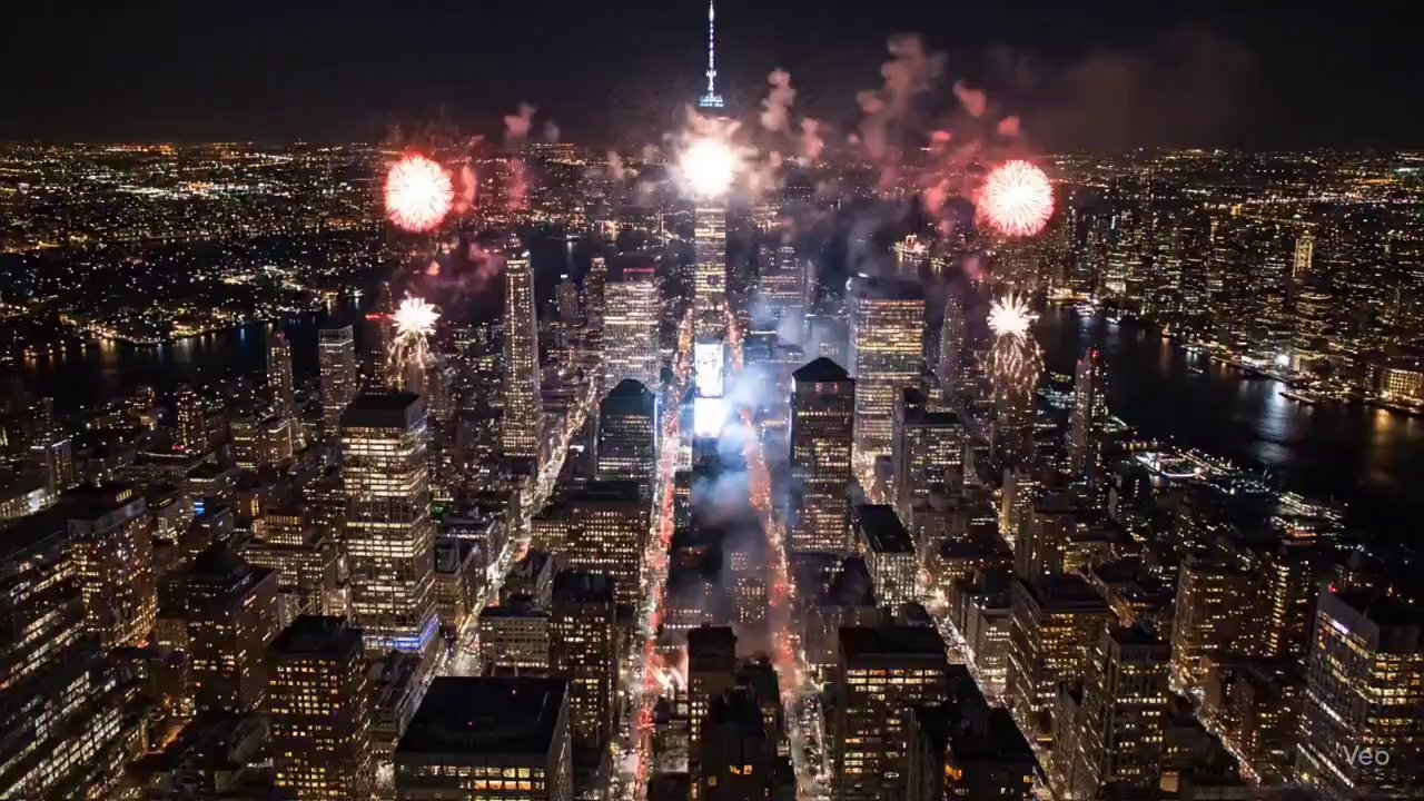 NYC Fireworks Spectacle: Top-Down Aerial View - Veo 3 AI video prompt thumbnail
