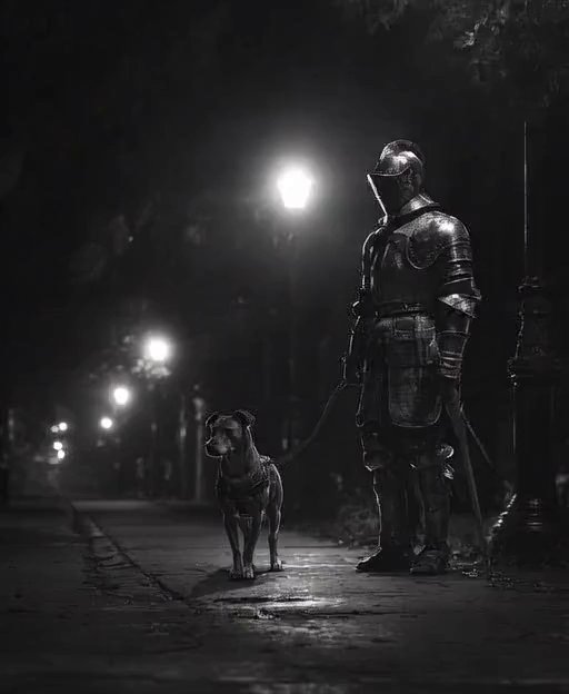 Moonlit Knight's Stroll: A Canine Companion's Night Out - Veo 3 AI video prompt thumbnail