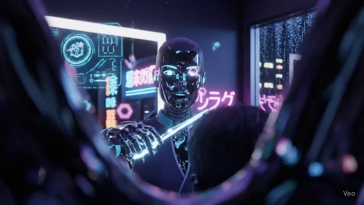 Future Barber: Android Haircut in Cyberpunk Tokyo - Veo 3 AI video prompt thumbnail