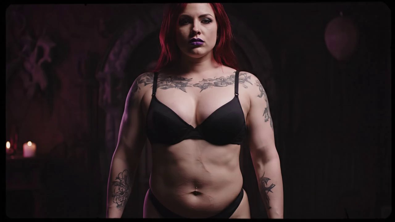 A pale goth woman, late 30s, with red hair and pur... - Veo 3 AI video prompt thumbnail