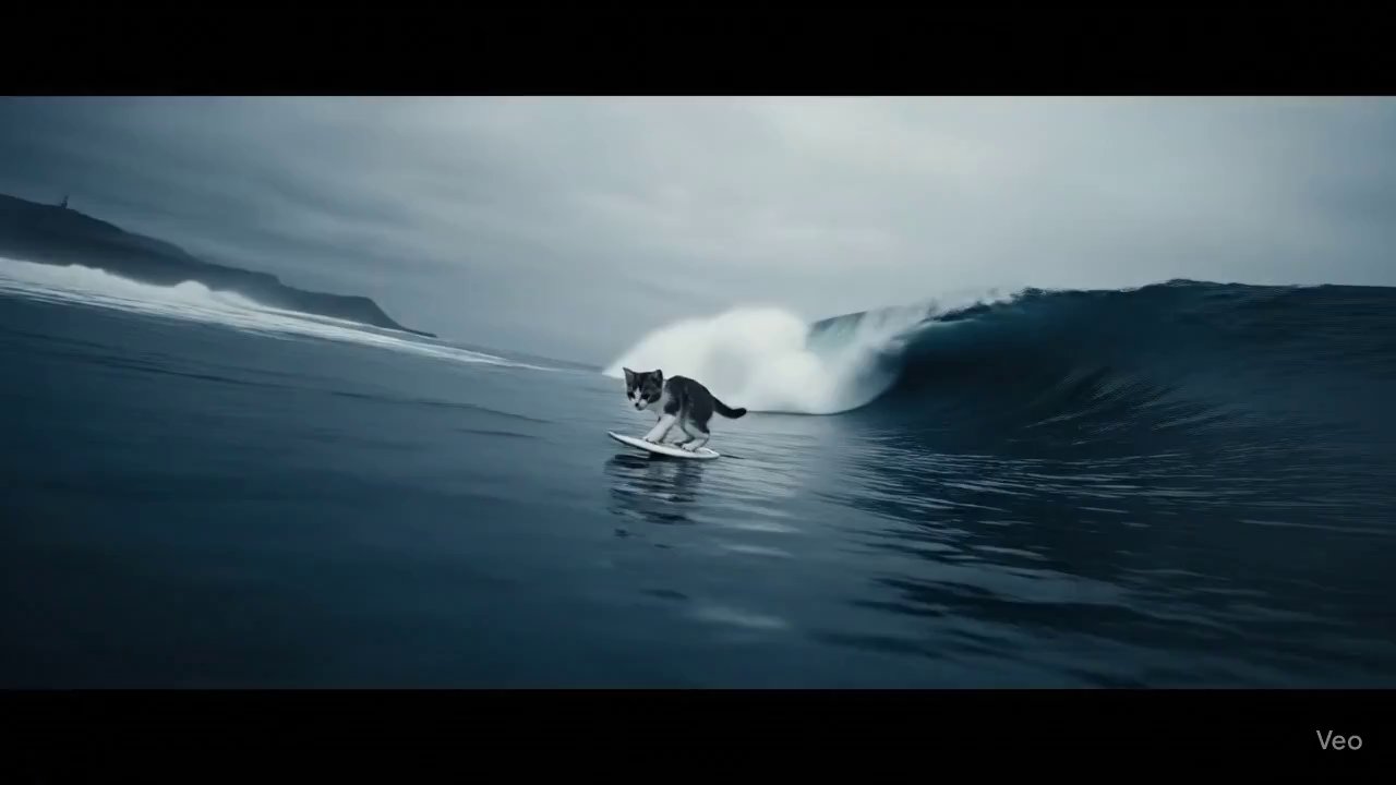 Tiny Kitten Surfs Colossal Wave: Cinematic Ocean Epic - Veo 3 AI video prompt thumbnail