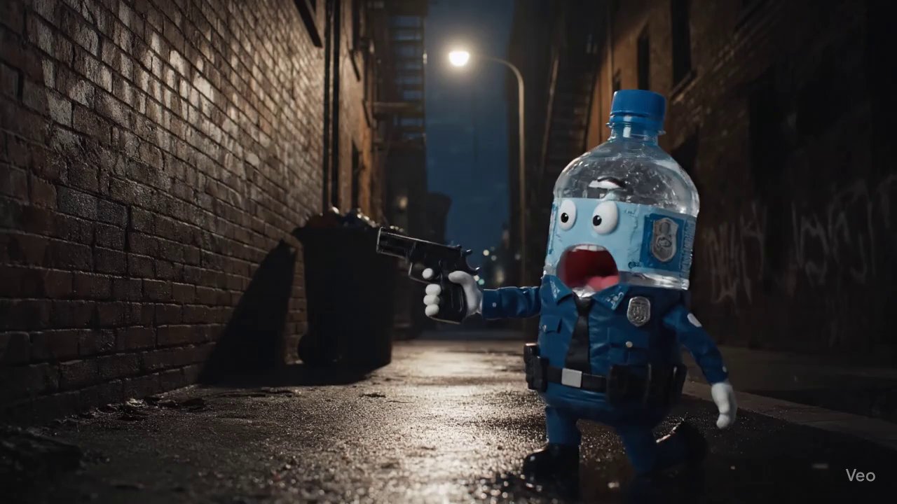 A Waterbottle Wearing a Police Uniform, pointing a gun at someone we cannot see, the police bottle is yelling "Freeze!"