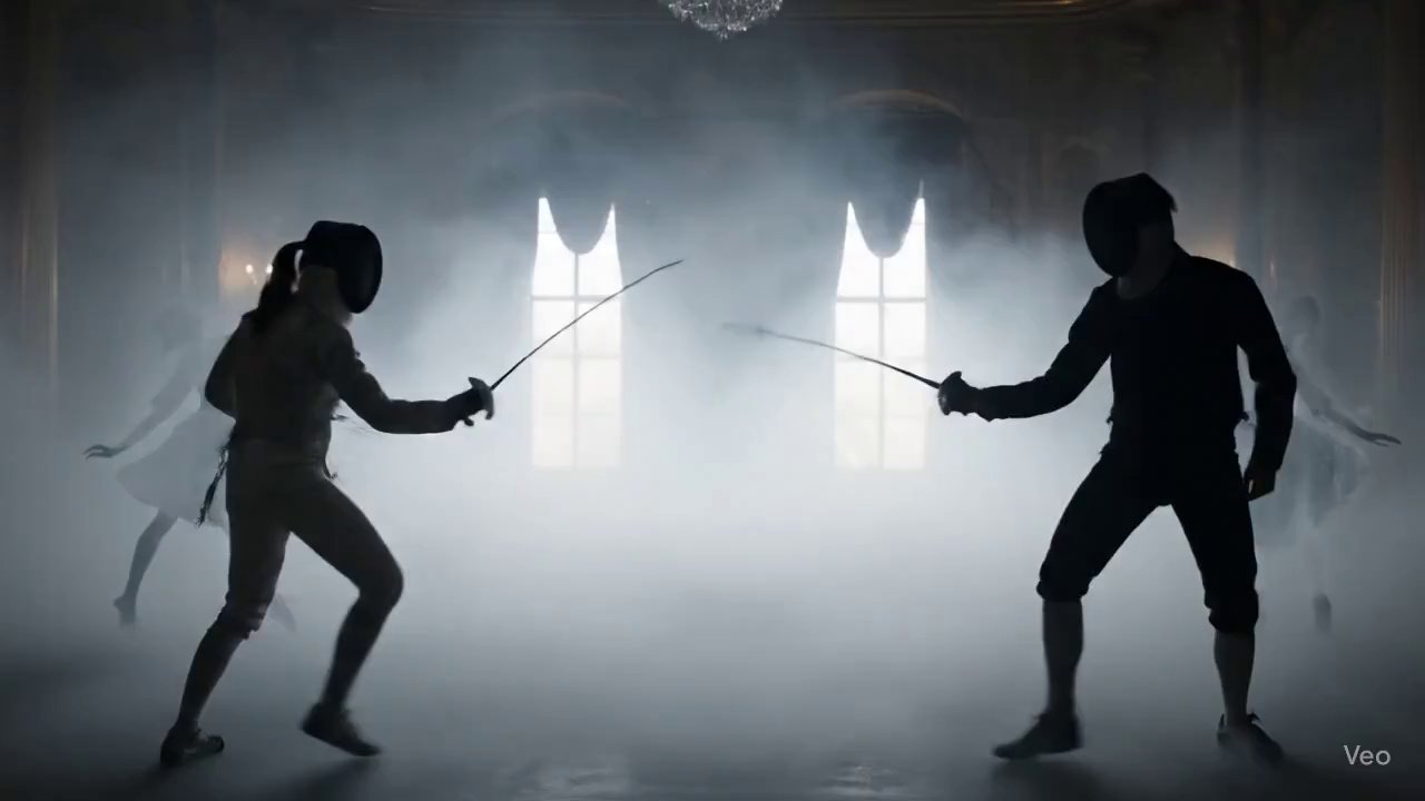 Phantom Fencers: Dreamlike Ballroom Duel - Veo 3 AI video prompt thumbnail