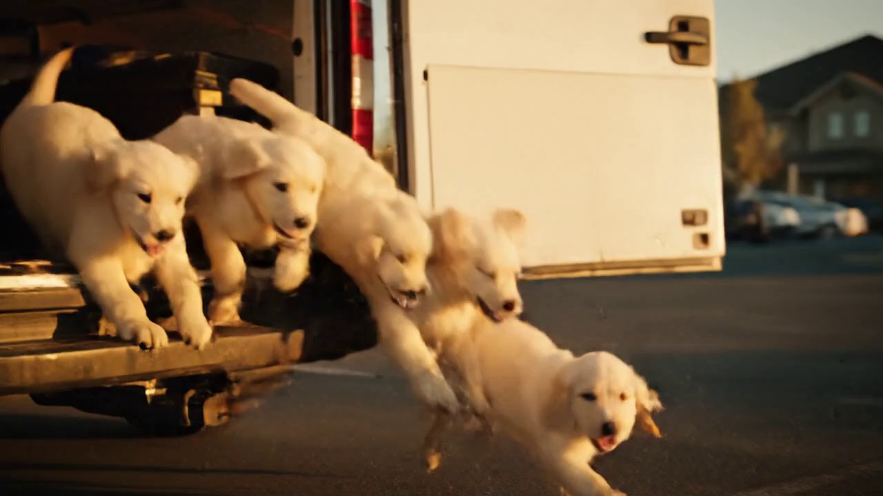 Cinematic shot of five golden retriever puppies, 8... - Veo 3 AI video prompt thumbnail