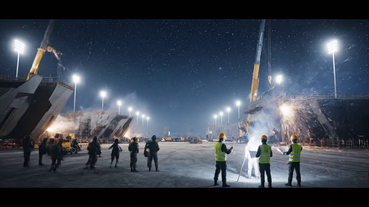 Transition to an enormous industrial site where so... - Veo 3 AI video prompt thumbnail
