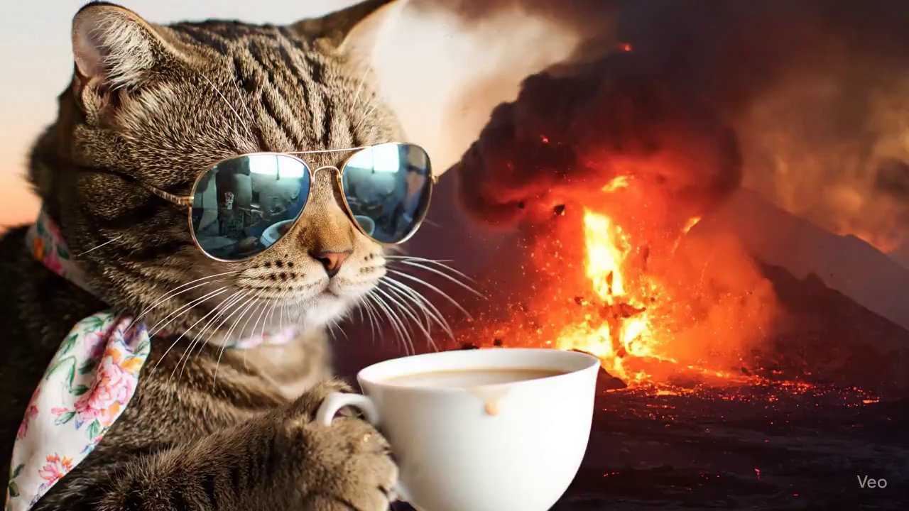 Volcanic Tea Party: Cat in Slow Motion - Veo 3 AI video prompt thumbnail