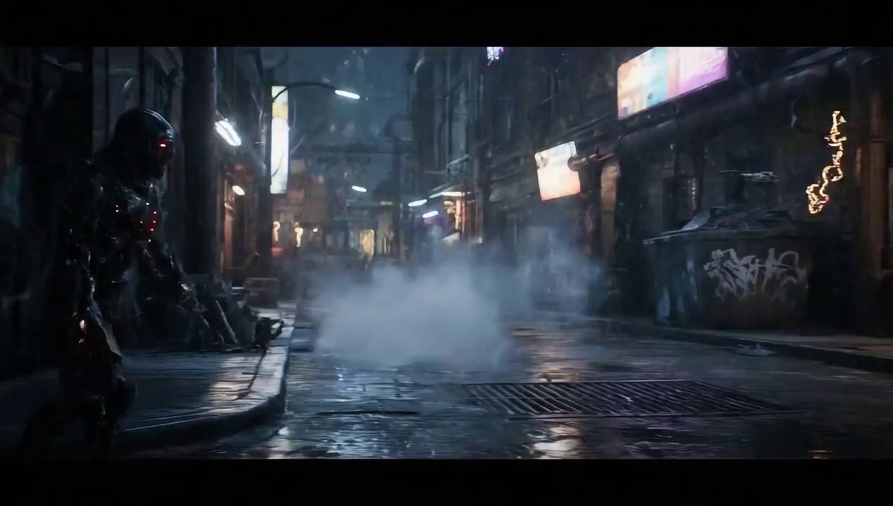 Neon Noir: Cloaked Figure in a Rain-Slicked Alley