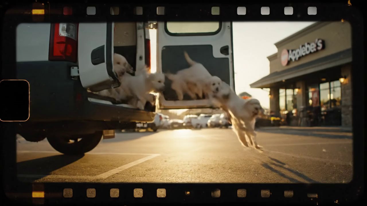 Cinematic shot of five golden retriever puppies, 8... - Veo 3 AI video prompt thumbnail