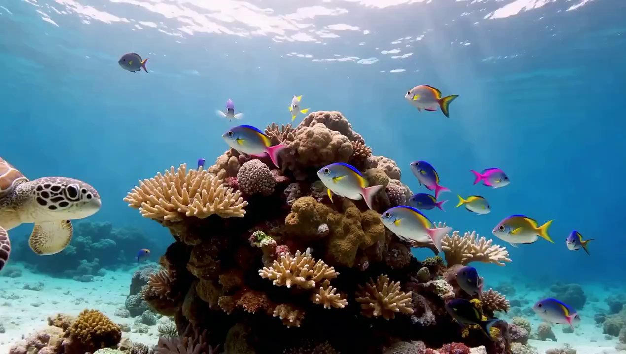 Underwater Symphony: Tropical Fish & Graceful Sea Turtle - Veo 3 AI video prompt thumbnail