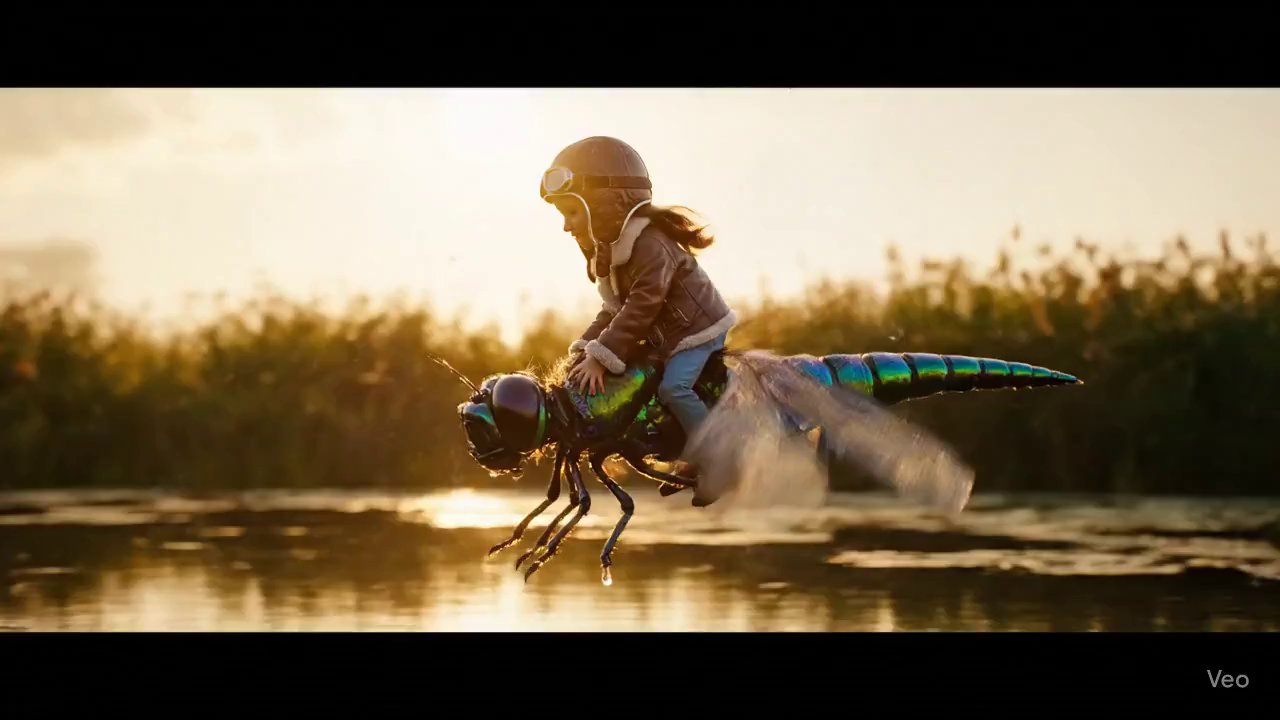 Child Flies on Giant Dragonfly at Golden Hour - Veo 3 AI video prompt thumbnail