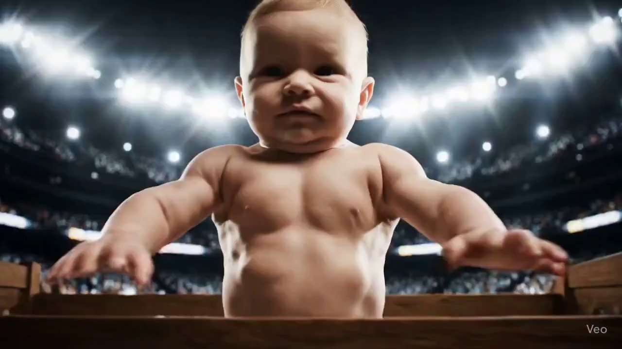 Muscle Baby Stadium Showdown: The Crib Lift - Veo 3 AI video prompt thumbnail