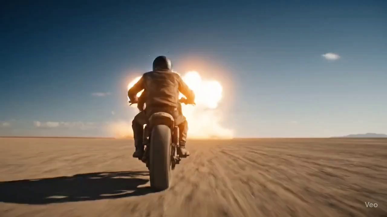 Desert Escape: Motorcycle Explodes into Hyper-Slow Motion - Veo 3 AI video prompt thumbnail