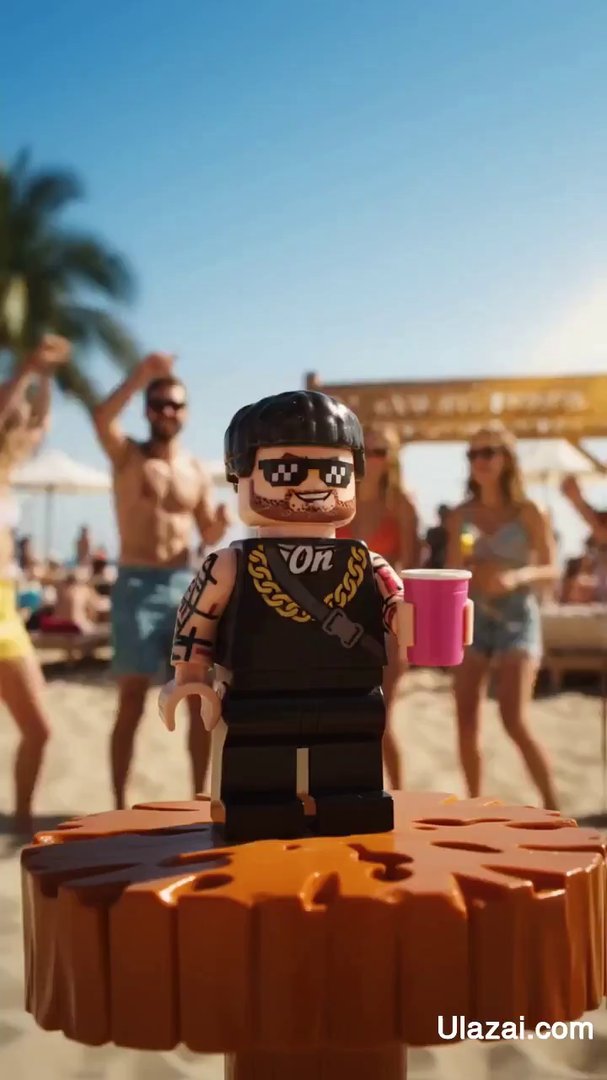 Ibiza Bowl Cut Legend: LEGO Beach Club Rave - Veo 3 AI video prompt thumbnail
