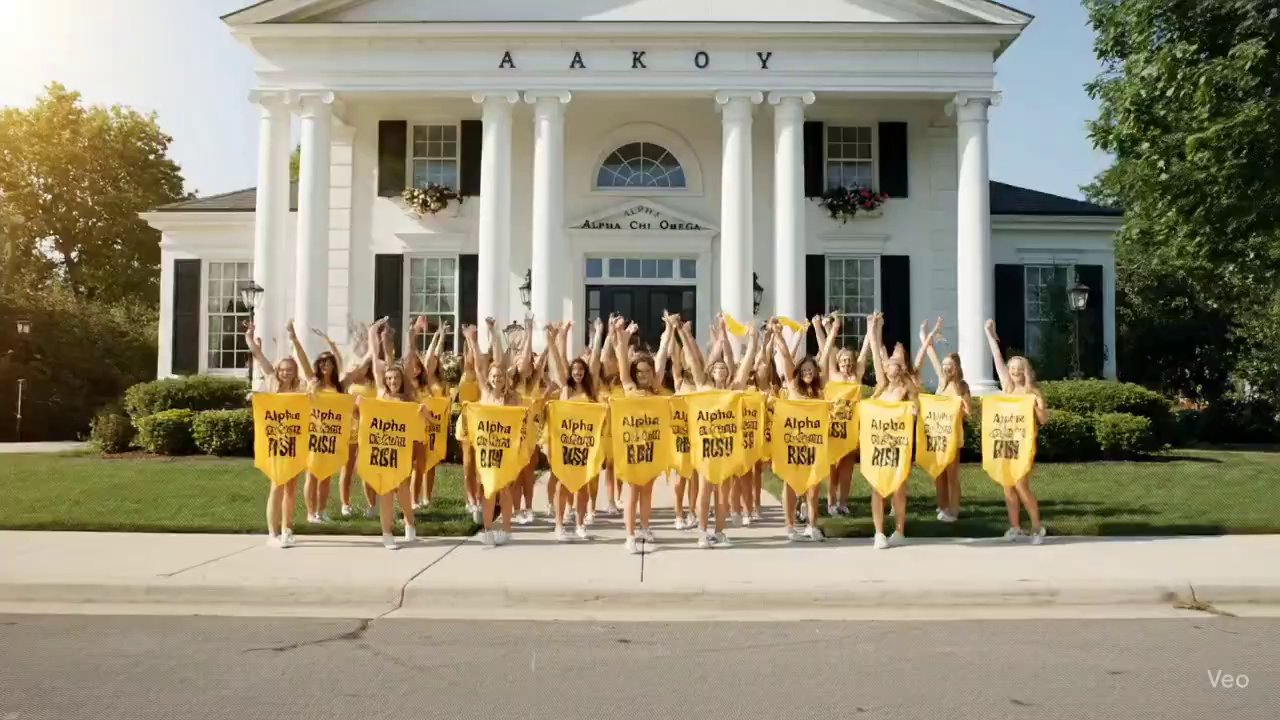 Sorority Dance Extravaganza: Alpha Chi Omega Synchronized Routine - Veo 3 AI video prompt thumbnail