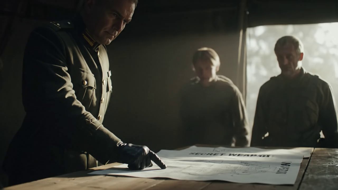 A grim military general, in a medium shot, points ...