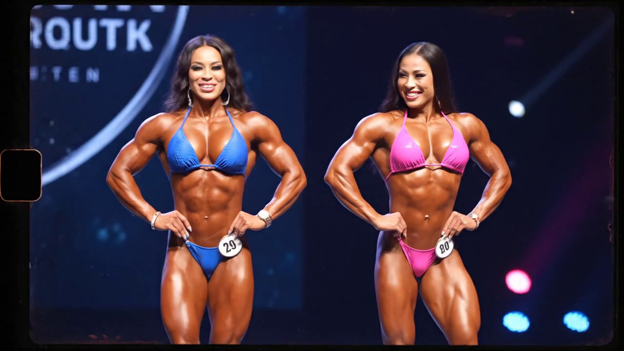 Two trans female bodybuilders, early 30s, with bea... - Veo 3 AI video prompt thumbnail