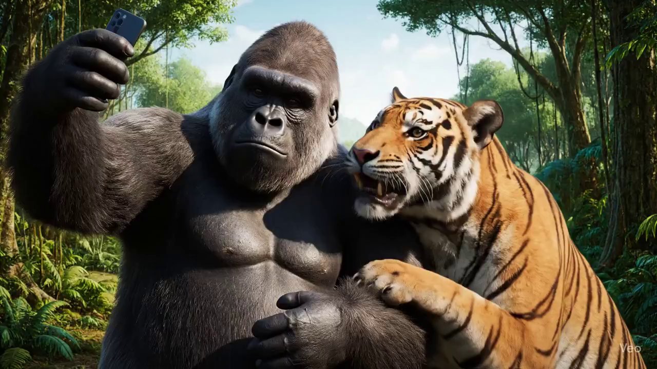 Jungle Selfie Fails: Gorilla & Tiger Besties - Veo 3 AI video prompt thumbnail