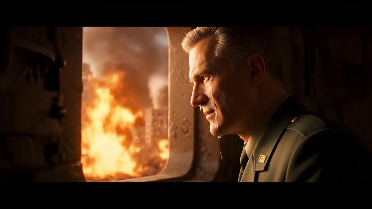 The camera pulls back to show the burning city, bu... - Veo 3 AI video prompt thumbnail