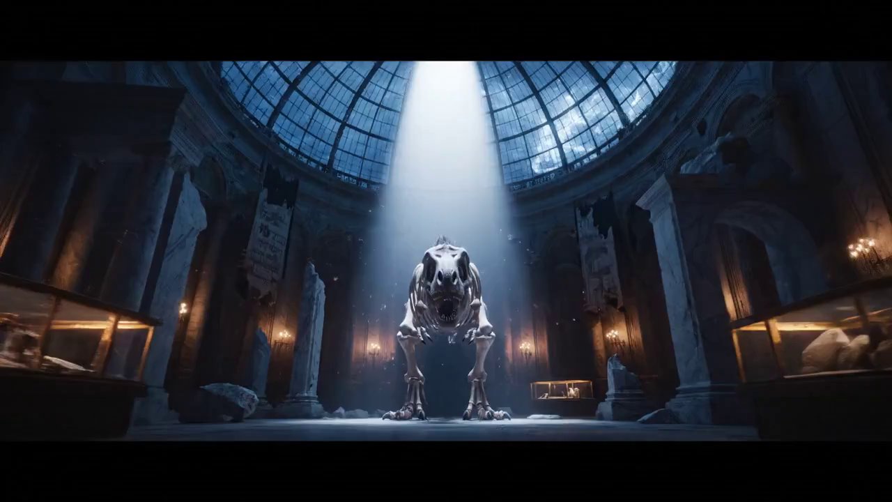 Epic T-Rex Museum Unveiling: A God-Ray Spectacle - Veo 3 AI video prompt thumbnail