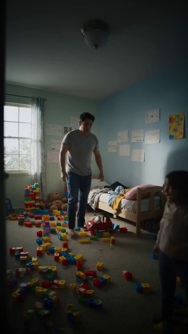 Cinematic style, eye-level camera. A father in a c... - Veo 3 AI video prompt thumbnail