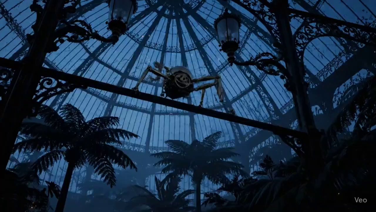 Victorian Conservatory Twilight: Cinematic Ironwork & Misty Ambiance - Veo 3 AI video prompt thumbnail