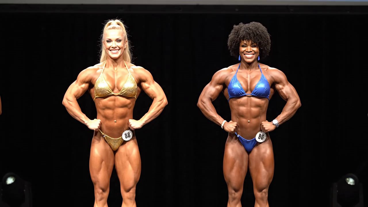 Two extremely muscular female bodybuilders pose to... - Veo 3 AI video prompt thumbnail