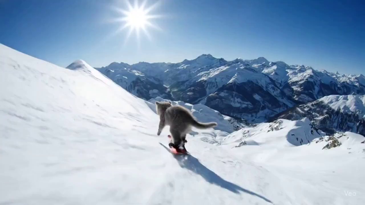 Tiny Kitten's Epic Snowboard Mountain Descent - Veo 3 AI video prompt thumbnail