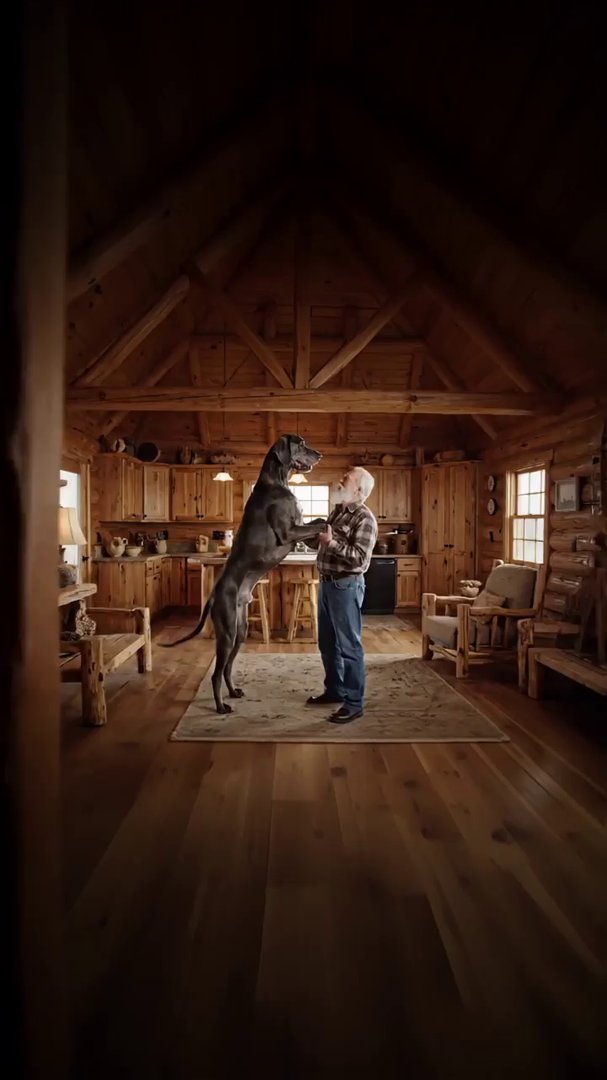 A cozy wooden cabin interior with warm lighting. A...