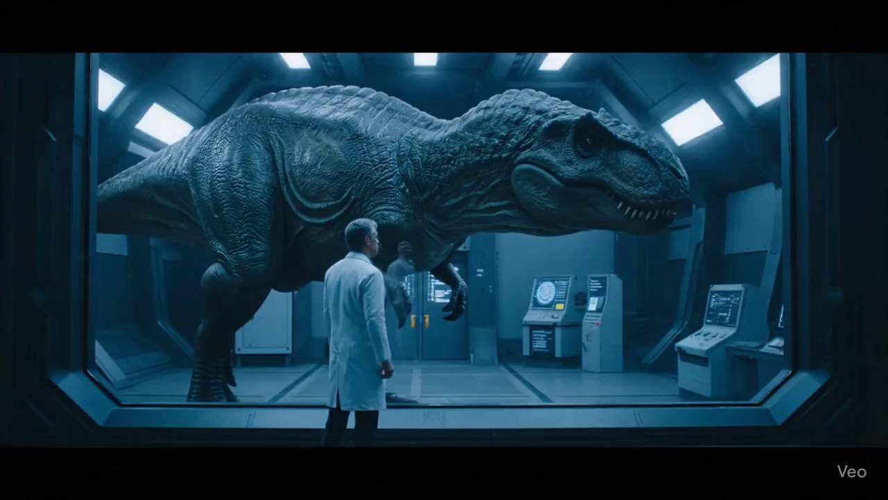 Colossal Dinosaur Containment: A Tense Sci-Fi Observation - Veo 3 AI video prompt thumbnail