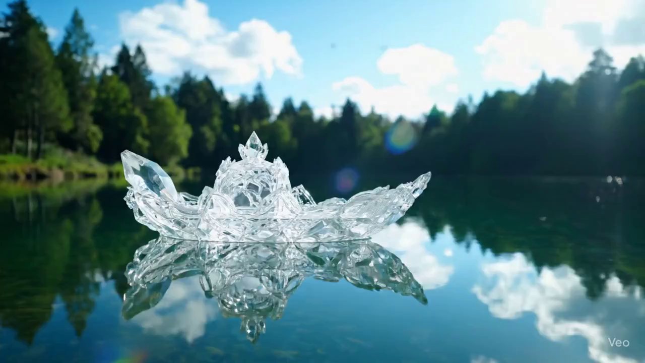 Enchanting Crystal Boat Voyage on a Tranquil Lake - Veo 3 AI video prompt thumbnail
