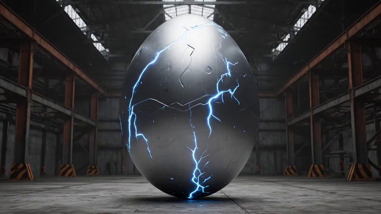Dino Egg-splosion: Industrial Hangar Hatching - Veo 3 AI video prompt thumbnail