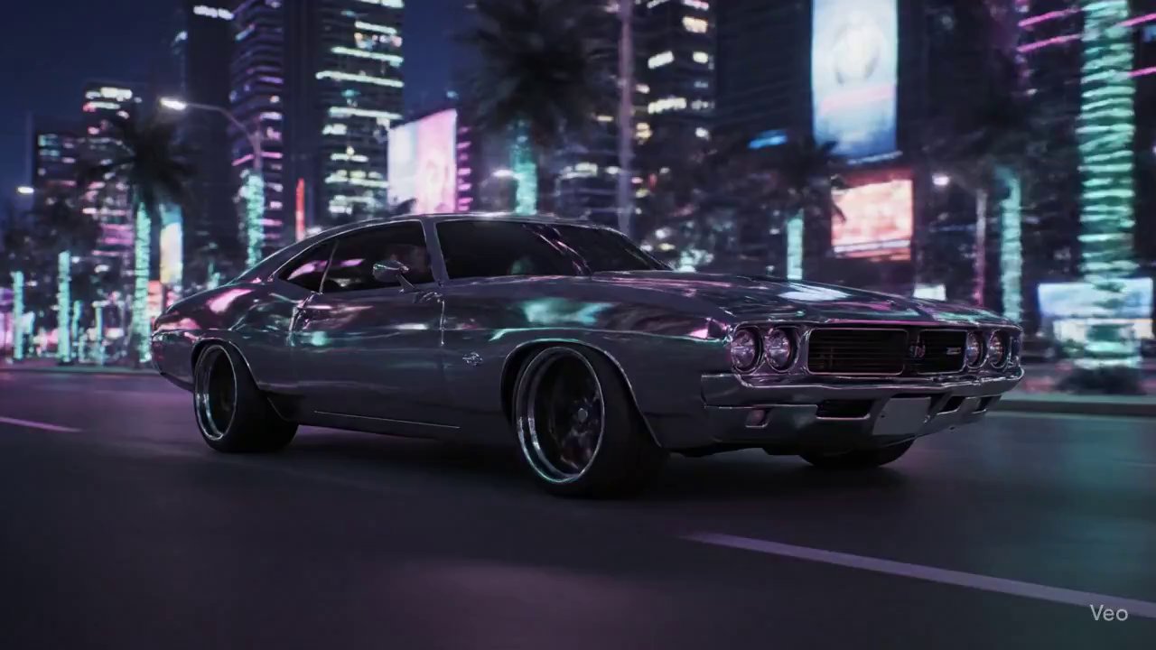 Retro-Futuristic Muscle Car Under a Colossal Pink Moon - Veo 3 AI video prompt thumbnail
