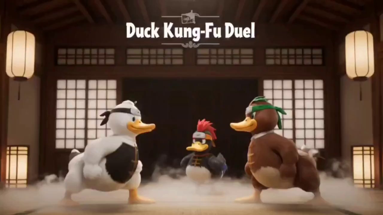 Epic Duck Kung-Fu Duel in Cinematic Dojo