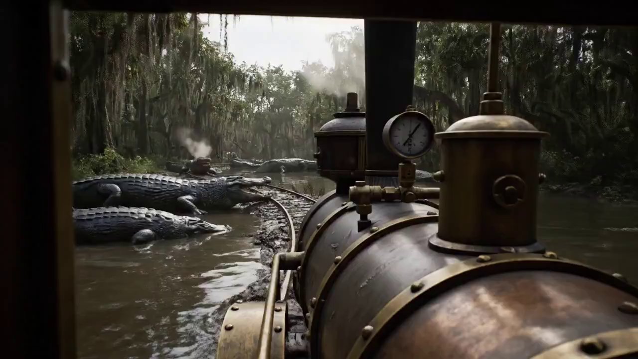 Steampunk Train's Perilous Alligator Farm Journey - Veo 3 AI video prompt thumbnail