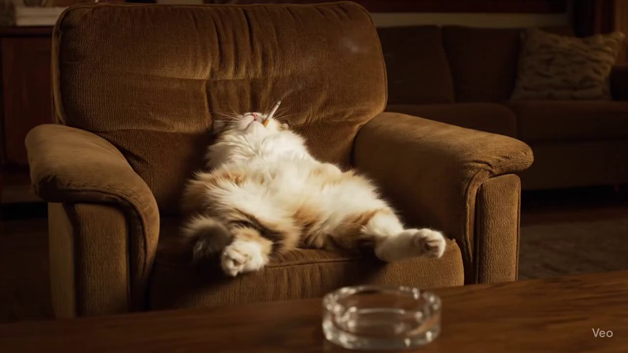 Vintage Vibe: Cat Lounging in 70s Cinematic Style - Veo 3 AI video prompt thumbnail