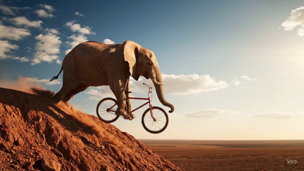 Elephant's Epic Mid-Air Bicycle Stunt in Slow Motion - Veo 3 AI video prompt thumbnail