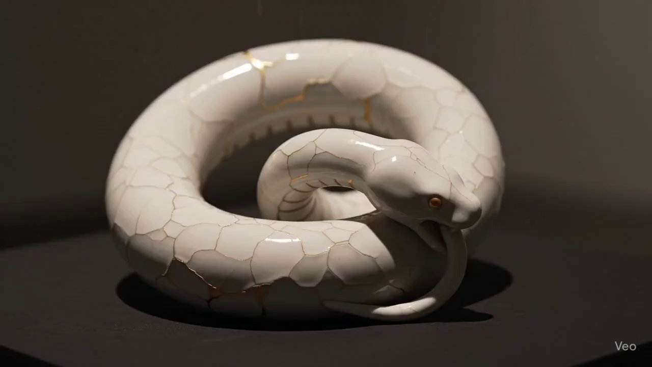 Golden Veins: Surreal Ceramic Serpent Art - Veo 3 AI video prompt thumbnail